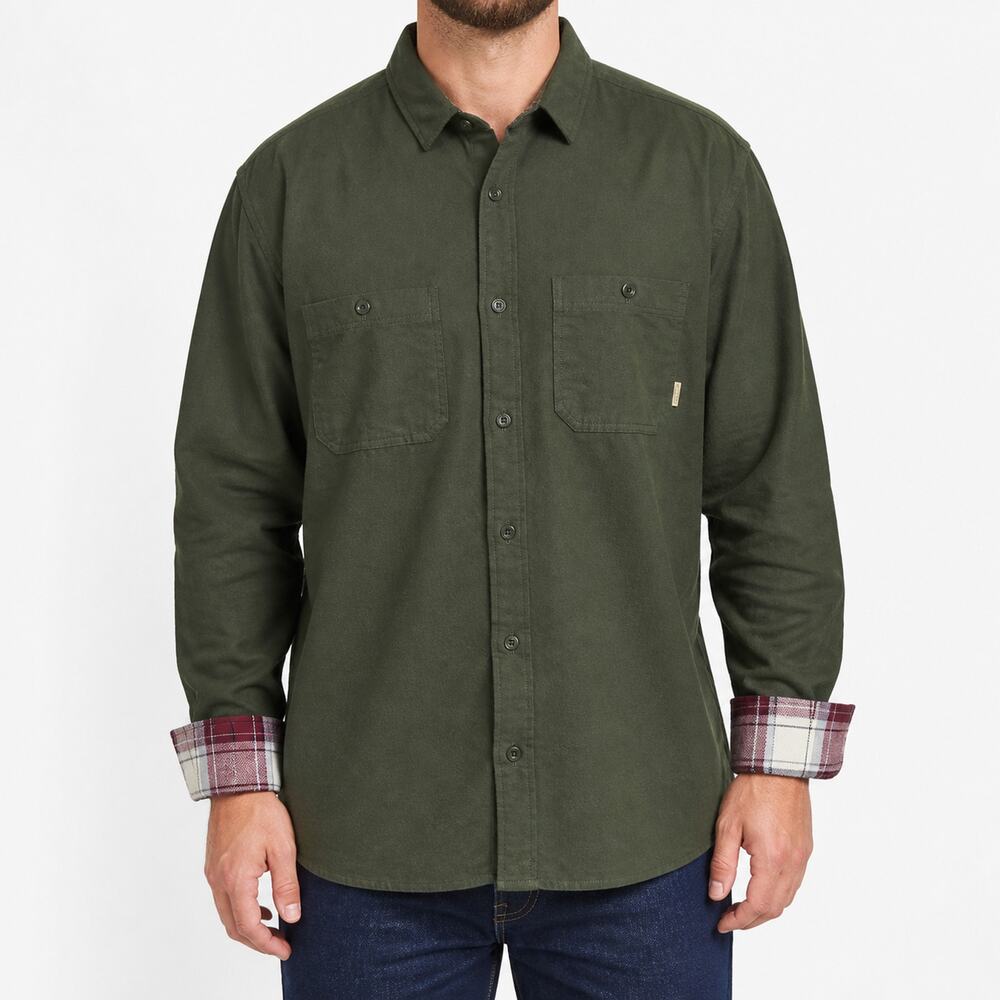 Dravus Shirt Mens Large Green Flannel 100% Cotton Pockets Flip Cuffs Button-Up